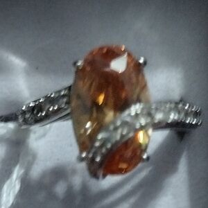 Radiant Sterling Silver Ring with Natural Citrane & Cubic Zirconia Sz 5.75
